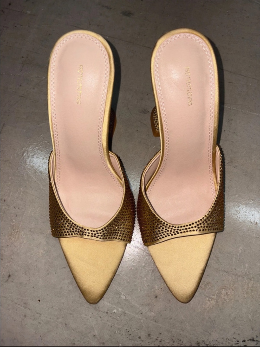 PrettyLittleThing Gold Satin Pointed Toe Heeled Mules with Embellished Strap